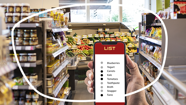 shopping list and grocery store demonstrating progressive lenses